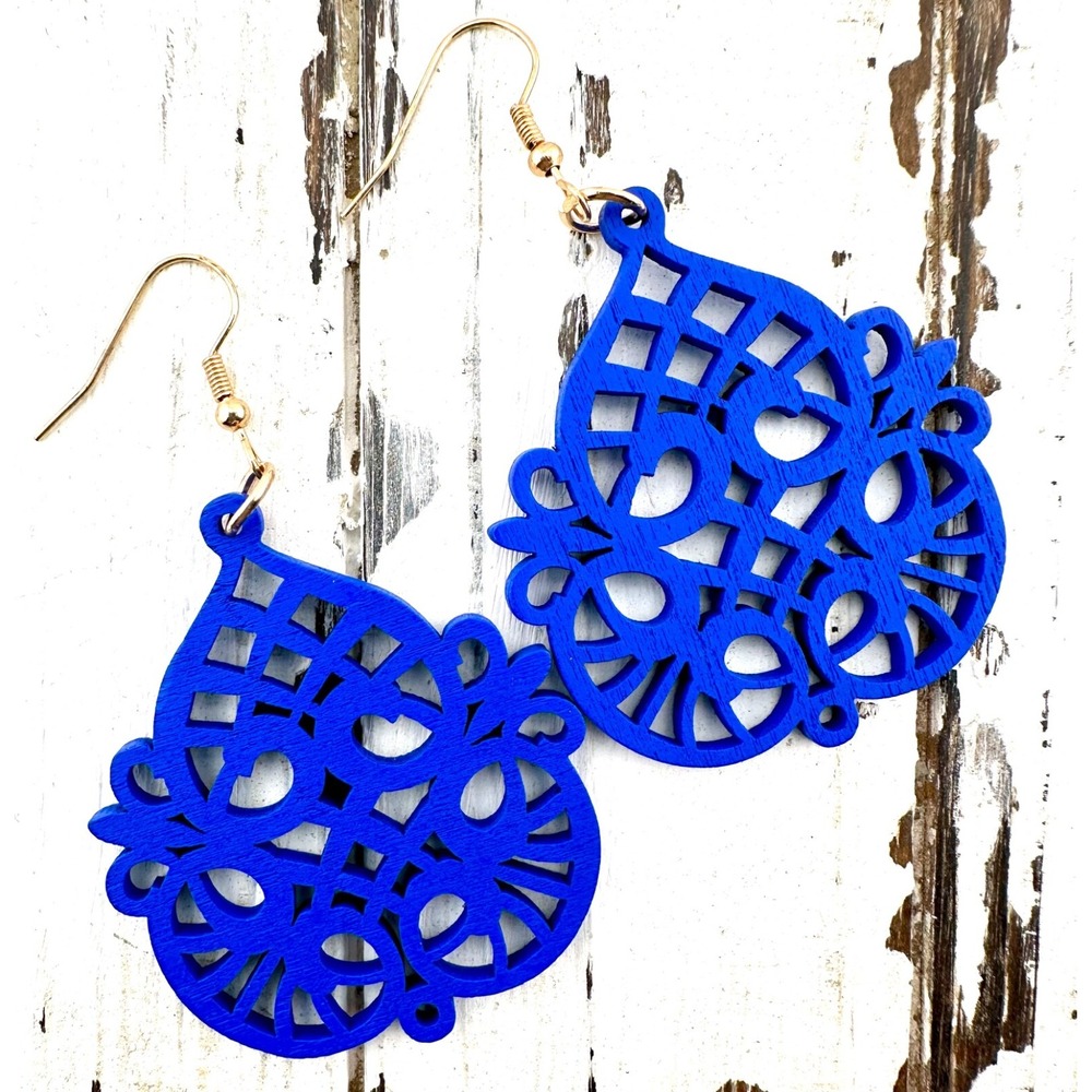 Garden Trellis Teardrop Earrings Cobalt Blue Stained Laser Cut Wood